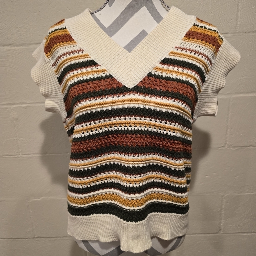 SEEN AND BE SEEN Fall Colors Knit Ribbed V-neck Sweater Short Sleeve Size Small.